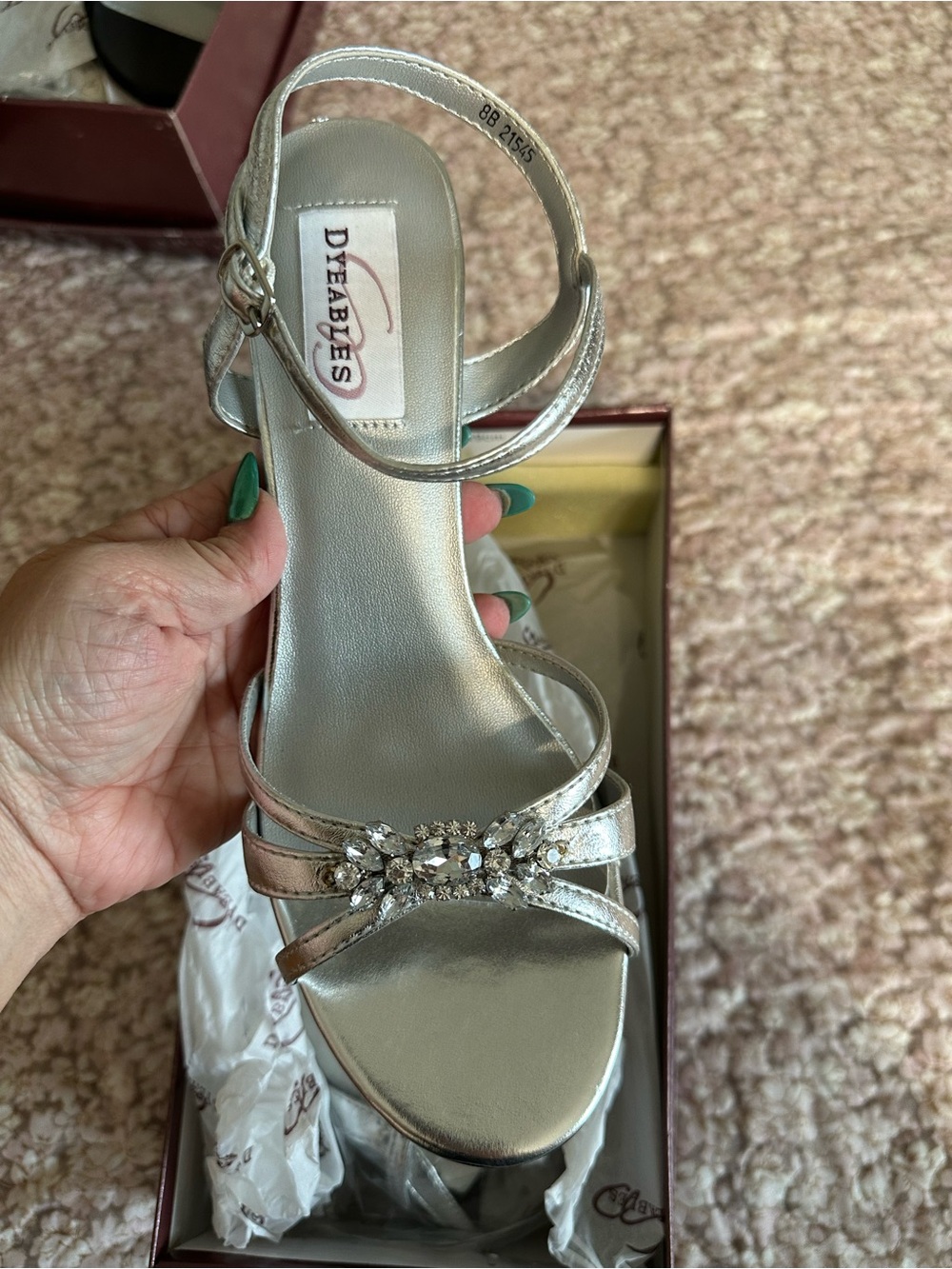 Dyeables Silver Jeweled Ankle-Strap Heels